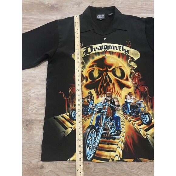 Dragonfly Clothing Biker Skull Shirt Men’s Large AOP Motorcycle Button Up VTG - Picture 8 of 10